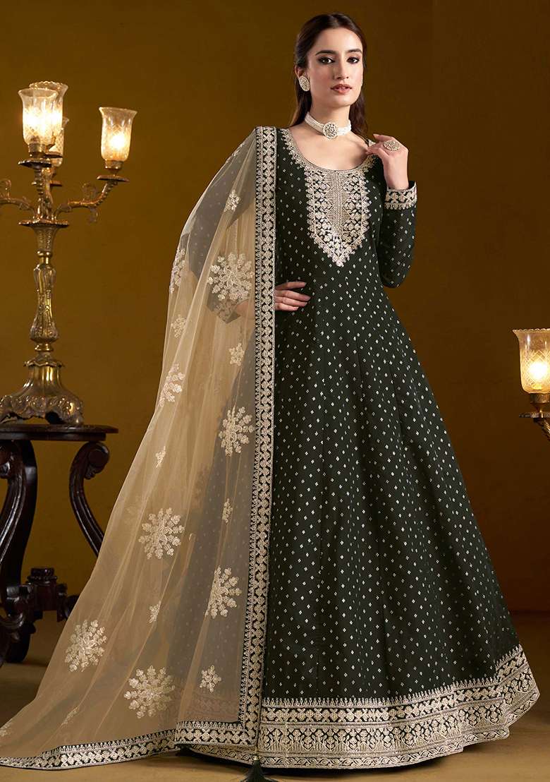 Black Embroidered Chanderi Anarkali With Dupatta With Dupatta - Indya