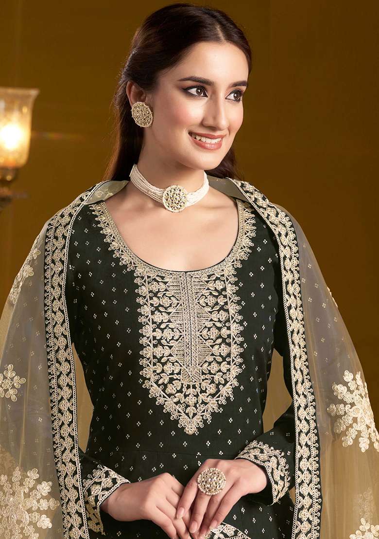 Black Embroidered Chanderi Anarkali With Dupatta With Dupatta - Indya