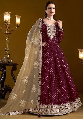 Purple Embroidered Chanderi Anarkali Set With Dupatta