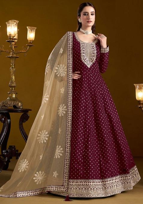 Purple Embroidered Chanderi Anarkali Set With Dupatta