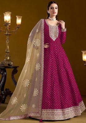 Pink Embroidered Chanderi Anarkali Set With Dupatta