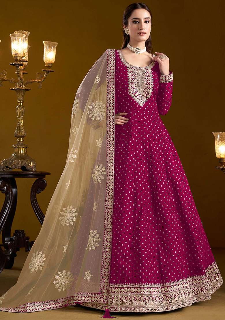 Pink Embroidered Chanderi Anarkali With Dupatta With Dupatta - Indya