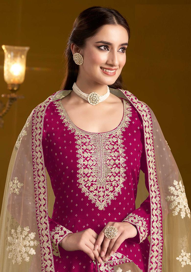 Pink Embroidered Chanderi Anarkali Set With Dupatta