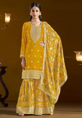 Mustard Yellow Embroidered Chinnon Sharara Set With Dupatta