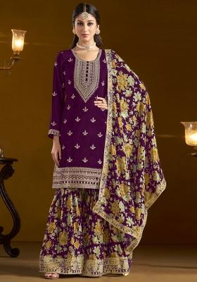 Purple Embroidered Chinnon Sharara Set With Dupatta