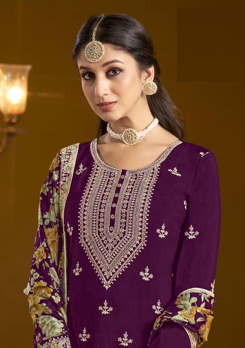 Purple Embroidered Chinnon Sharara Set With Dupatta