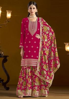 Pink Embroidered Chinnon Sharara Set With Dupatta