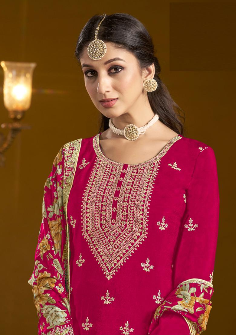 Pink Embroidered Chinnon Sharara Set With Dupatta