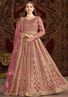 Pink Embroidered Net Anarkali Set With Dupatta