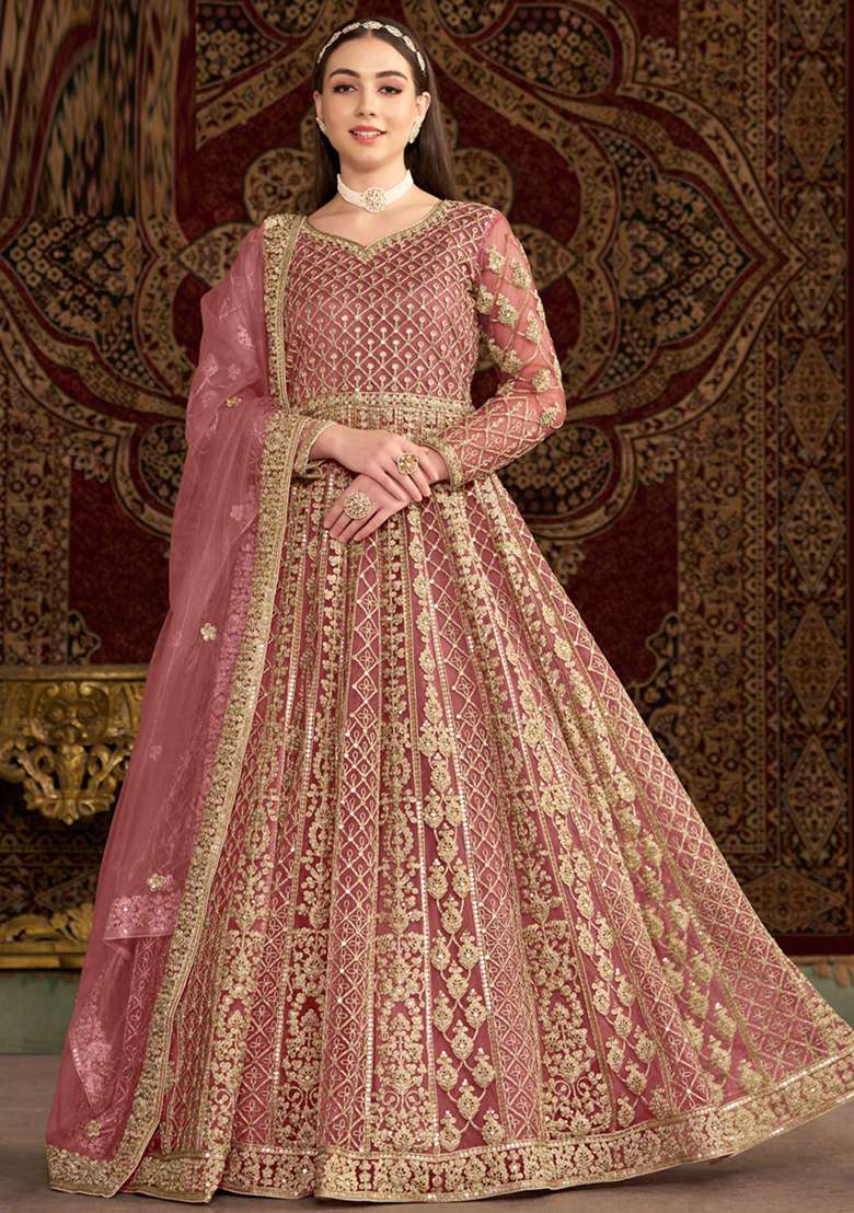 Pink Embroidered Net Anarkali With Dupatta With Dupatta - Indya