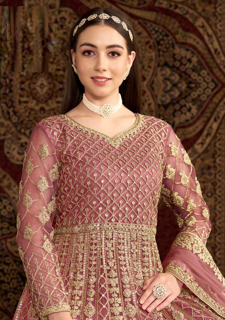 Pink Embroidered Net Anarkali Set With Dupatta