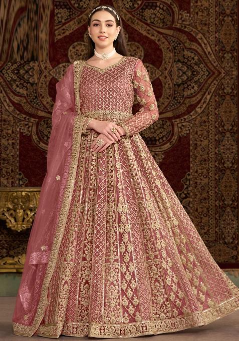 Pink Embroidered Net Anarkali Set With Dupatta
