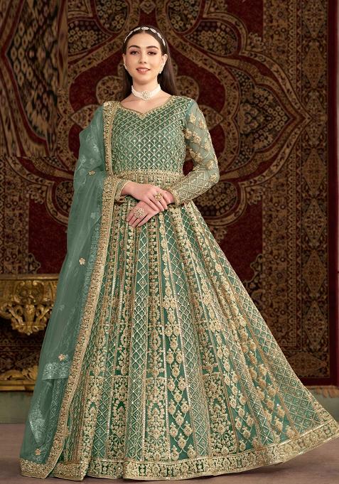 Teal Green Embroidered Net Anarkali Set With Dupatta