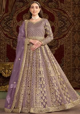 Purple Embroidered Net Anarkali Set With Dupatta