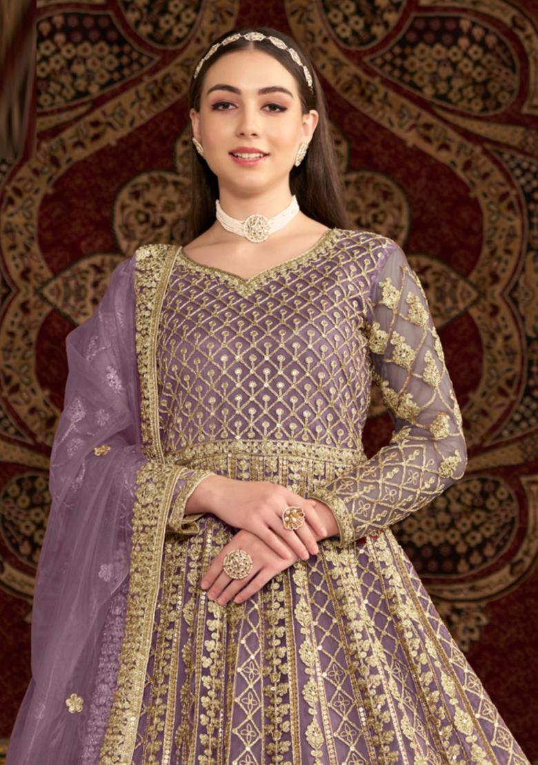 Purple Embroidered Net Anarkali Set With Dupatta