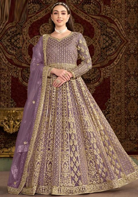 Purple Embroidered Net Anarkali Set With Dupatta