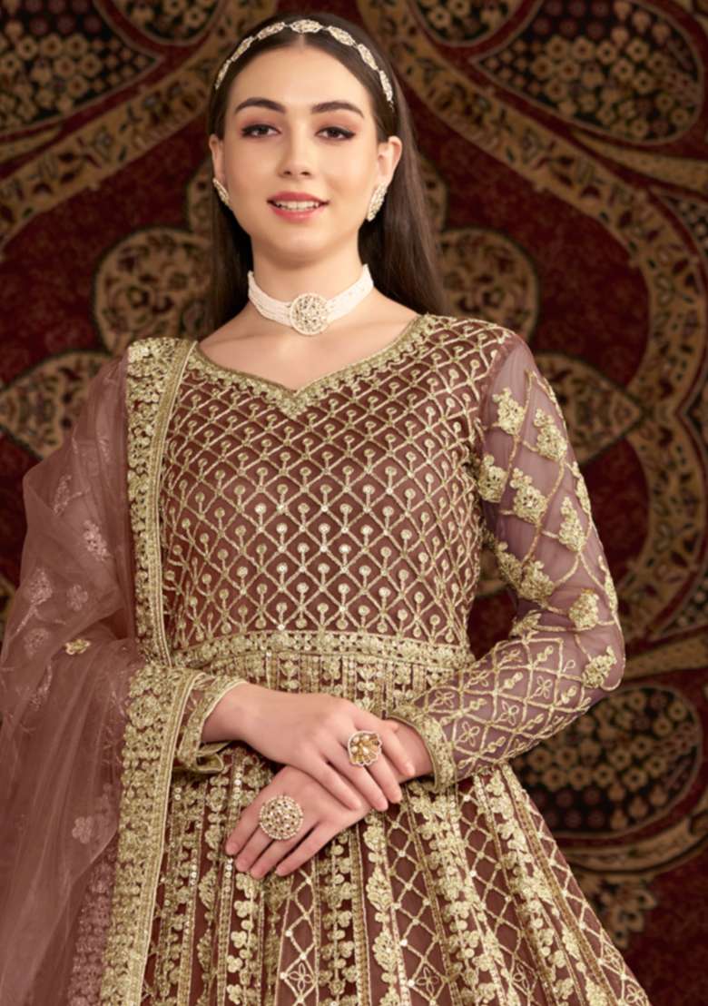 Rose Gold Embroidered Net Anarkali With Dupatta With Dupatta - Indya