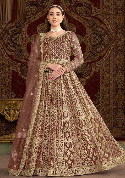 Rose Gold Embroidered Net Anarkali Set With Dupatta