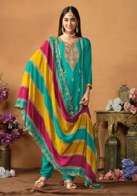 Blue Embroidered Chinnon Salwar Kameez With Dupatta