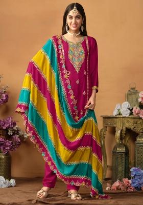 Pink Embroidered Chinnon Salwar Kameez With Dupatta
