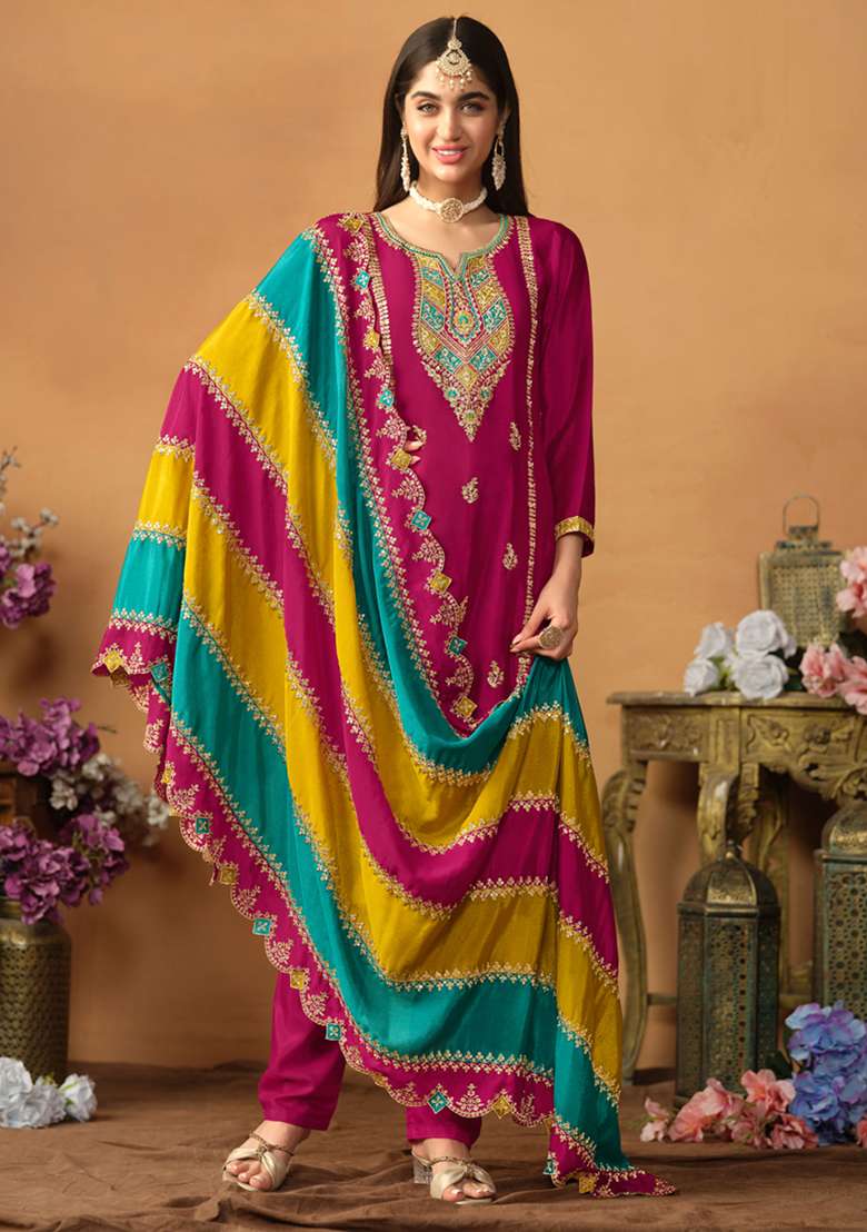 Pink Embroidered Chinnon Salwar Kameez With Dupatta - Indya