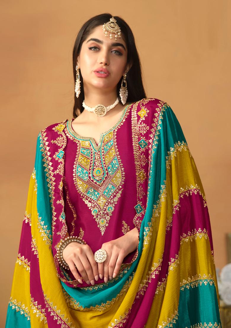 Pink Embroidered Chinnon Salwar Kameez With Dupatta