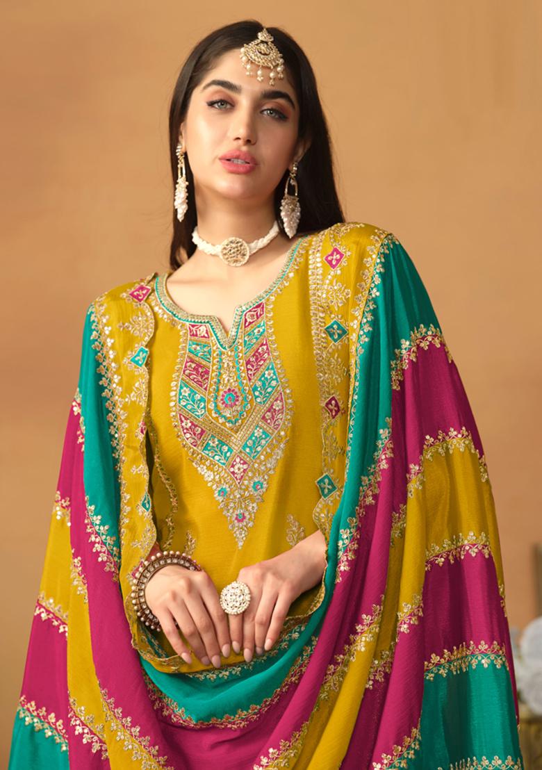 Mustard Yellow Embroidered Chinnon Salwar Kameez With Dupatta