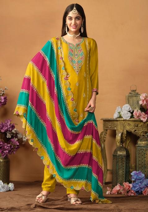 Mustard Yellow Embroidered Chinnon Salwar Kameez With Dupatta