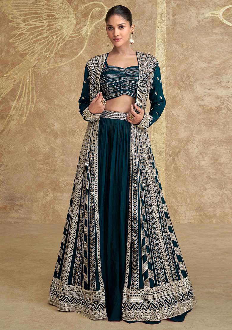 Black Embroidered Net Anarkali With Dupatta - Indya