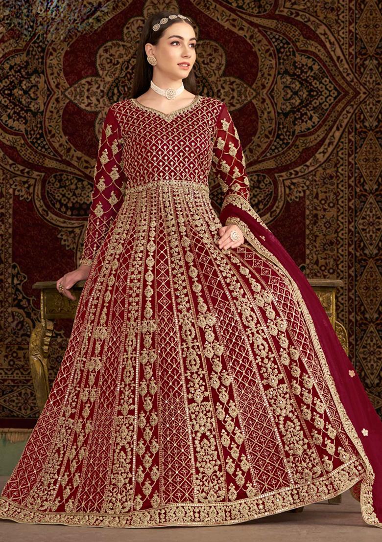 Maroon Embroidered Net Anarkali Set With Dupatta