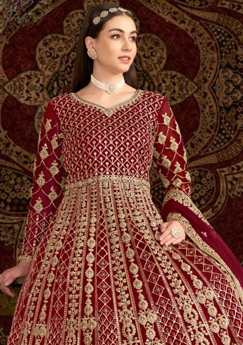 Maroon Embroidered Net Anarkali With Dupatta With Dupatta - Indya