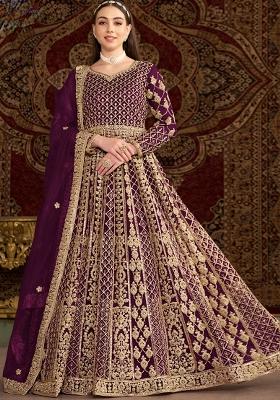 Purple Embroidered Net Anarkali Set With Dupatta