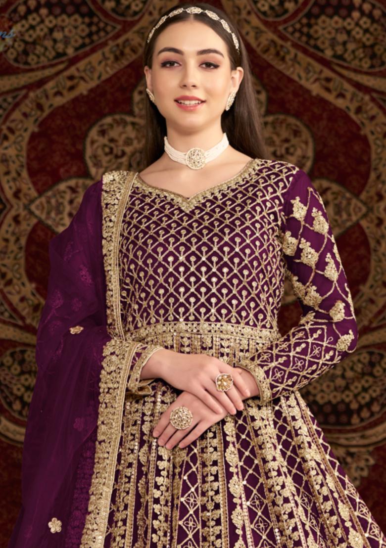 Purple Embroidered Net Anarkali Set With Dupatta