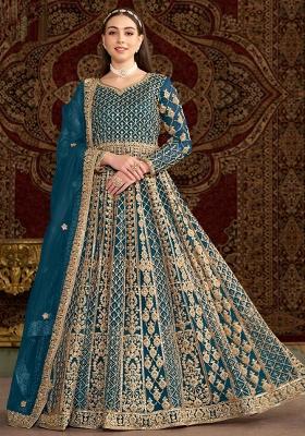 Teal Blue Embroidered Net Anarkali Set With Dupatta