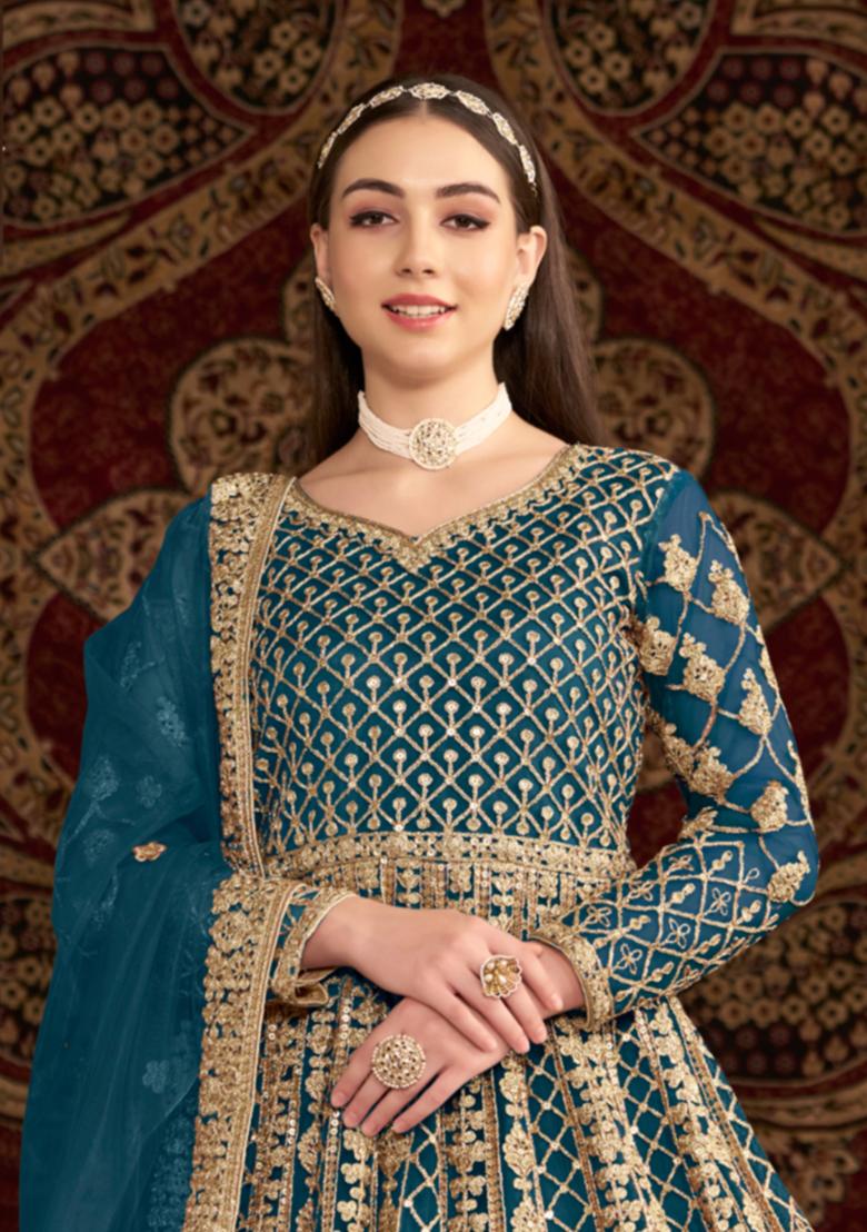 Teal Blue Embroidered Net Anarkali Set With Dupatta