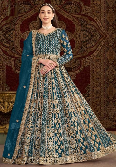 Teal Blue Embroidered Net Anarkali Set With Dupatta