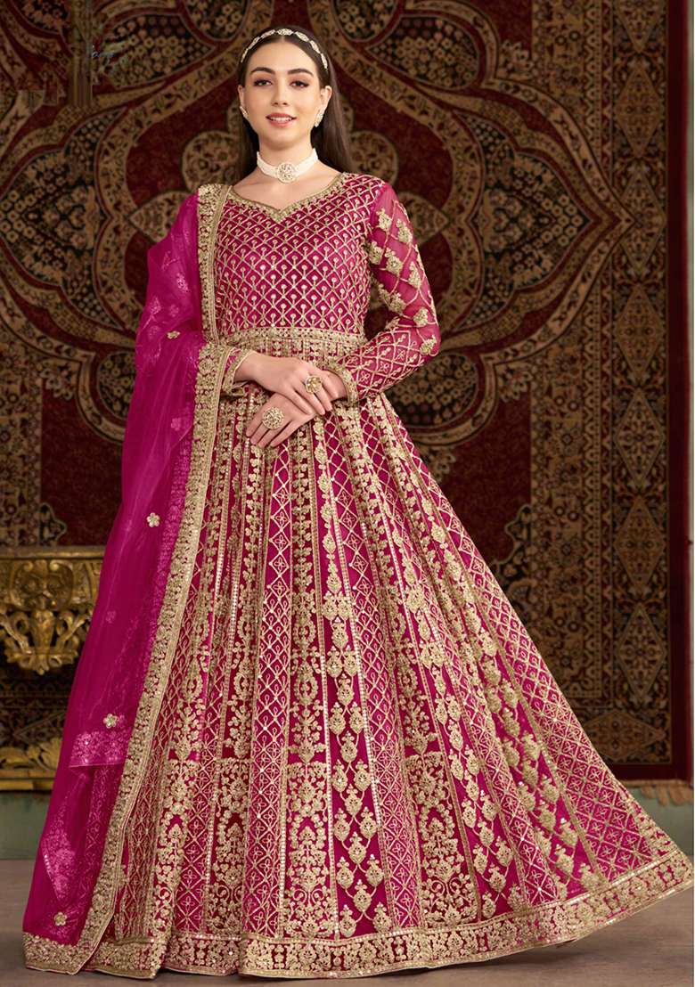 Pink Embroidered Net Anarkali With Dupatta With Dupatta - Indya
