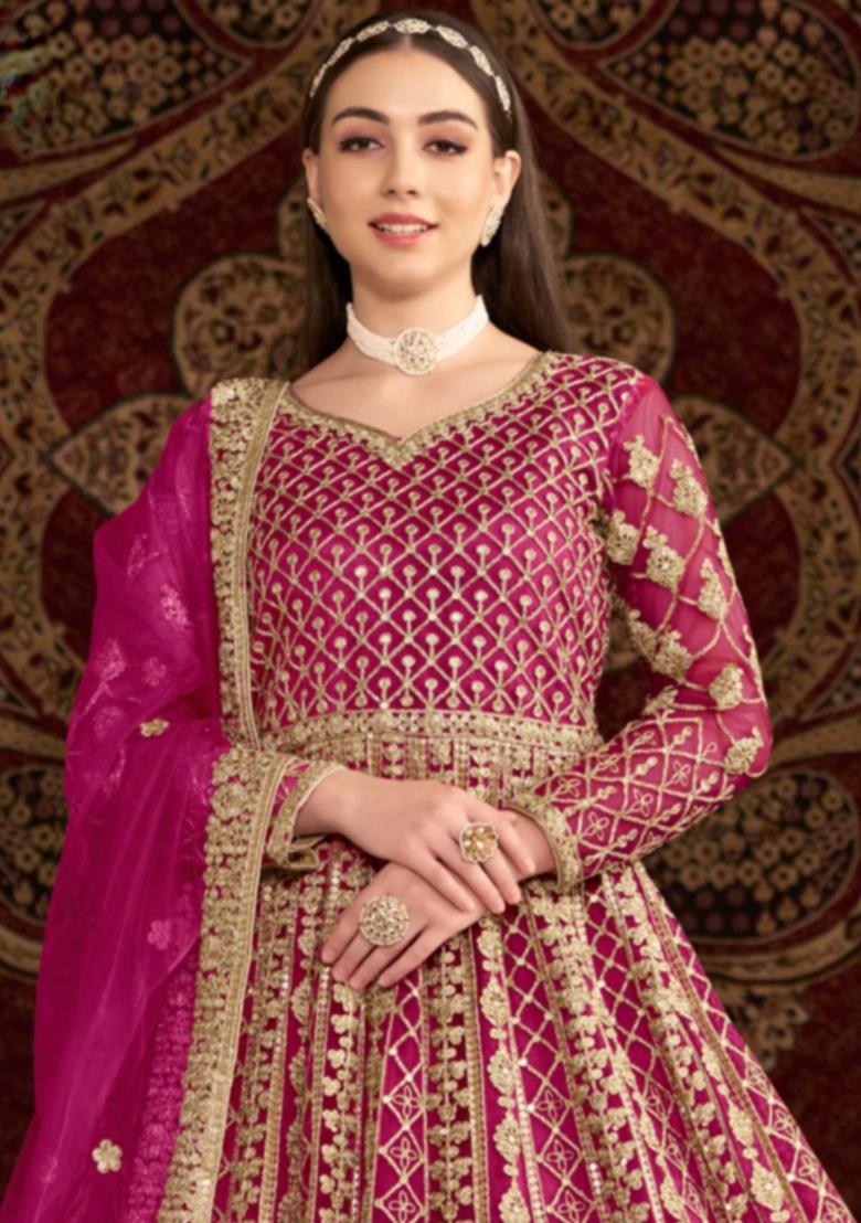 Pink Embroidered Net Anarkali Set With Dupatta