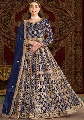 Blue Embroidered Net Anarkali Set With Dupatta