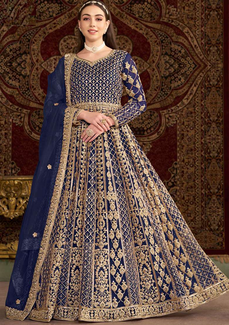 Blue Embroidered Net Anarkali With Dupatta With Dupatta - Indya