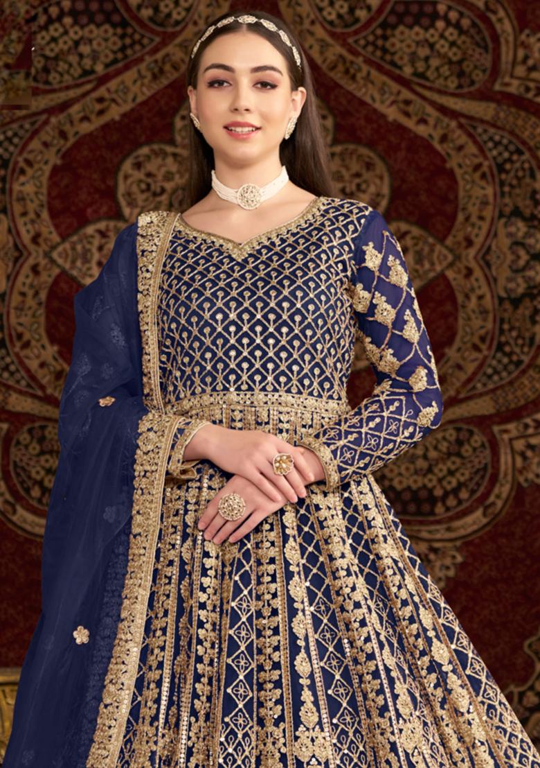 Blue Embroidered Net Anarkali Set With Dupatta