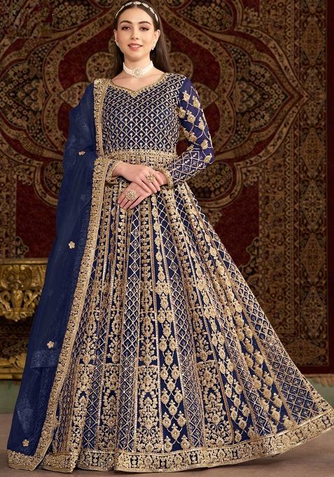 Blue Embroidered Net Anarkali Set With Dupatta
