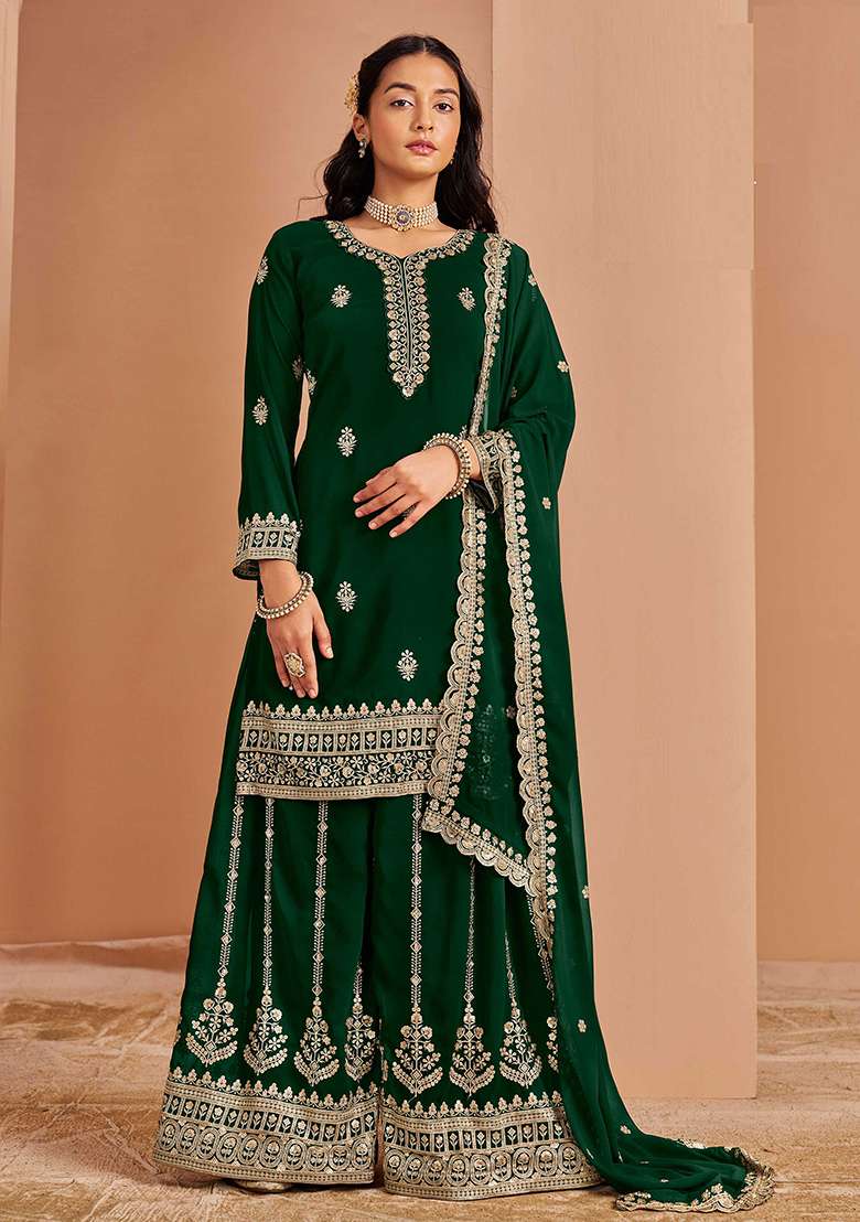Green Embroidered Georgette Palazzo Set With Dupatta - Indya