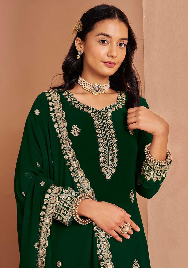 Green Embroidered Georgette Palazzo Set With Dupatta