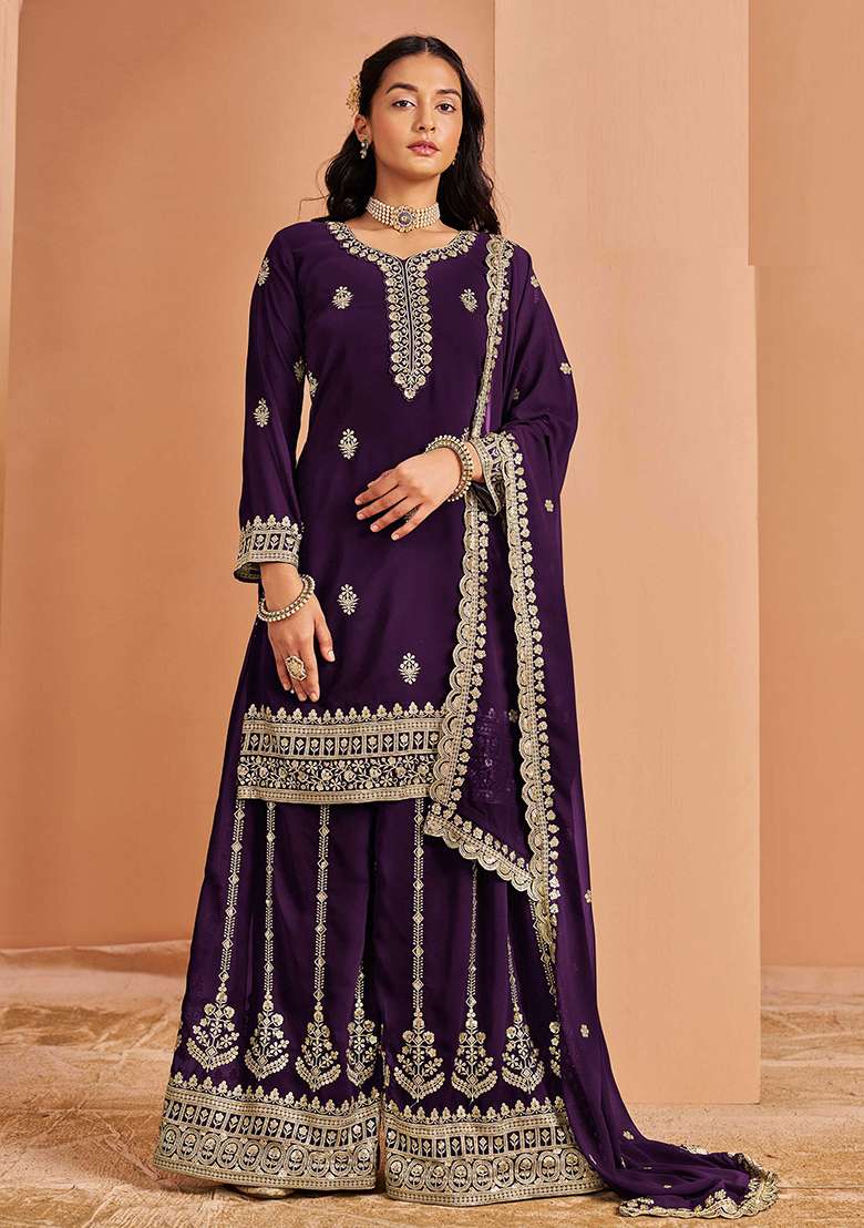 Purple Embroidered Georgette Palazzo Set With Dupatta - Indya