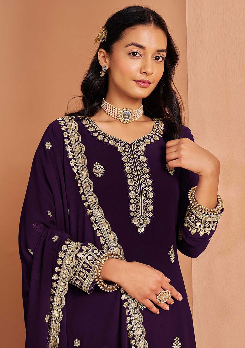 Purple Embroidered Georgette Palazzo Set With Dupatta