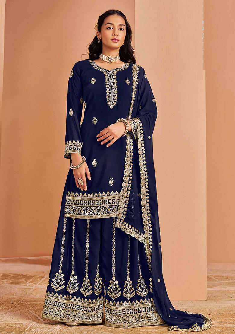Blue Embroidered Georgette Palazzo Set With Dupatta
