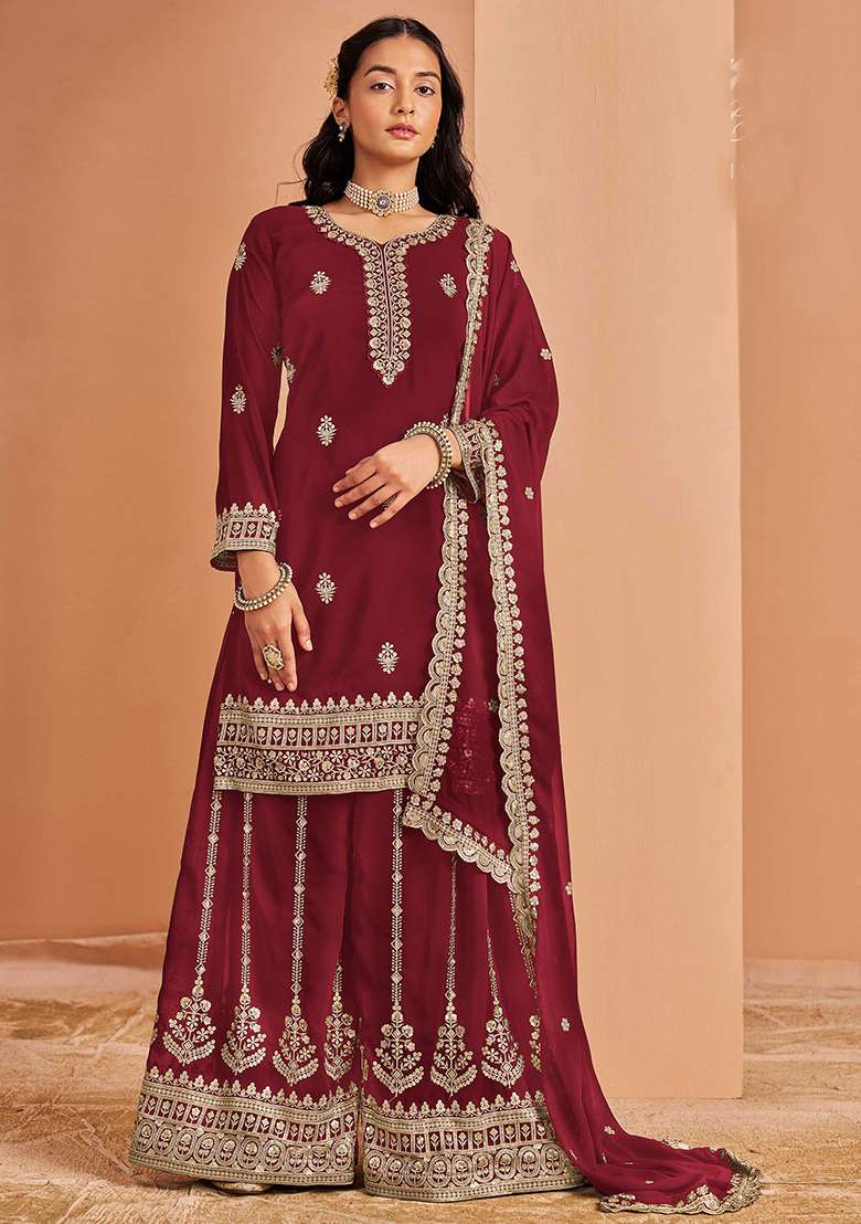 Maroon Embroidered Georgette Palazzo Set With Dupatta - Indya