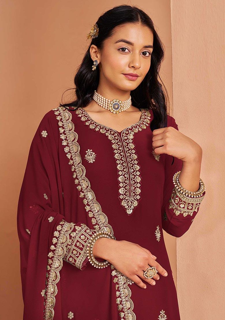 Maroon Embroidered Georgette Palazzo Set With Dupatta