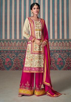 Beige Woven Chinon Salwar Kameez